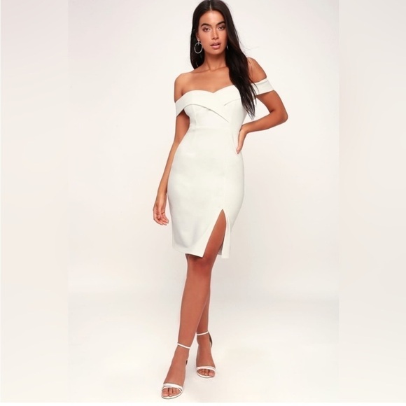 Lulus Dresses & Skirts - Lulu's white off shoulder fitted bodycon midi dress cocktail bridal evening